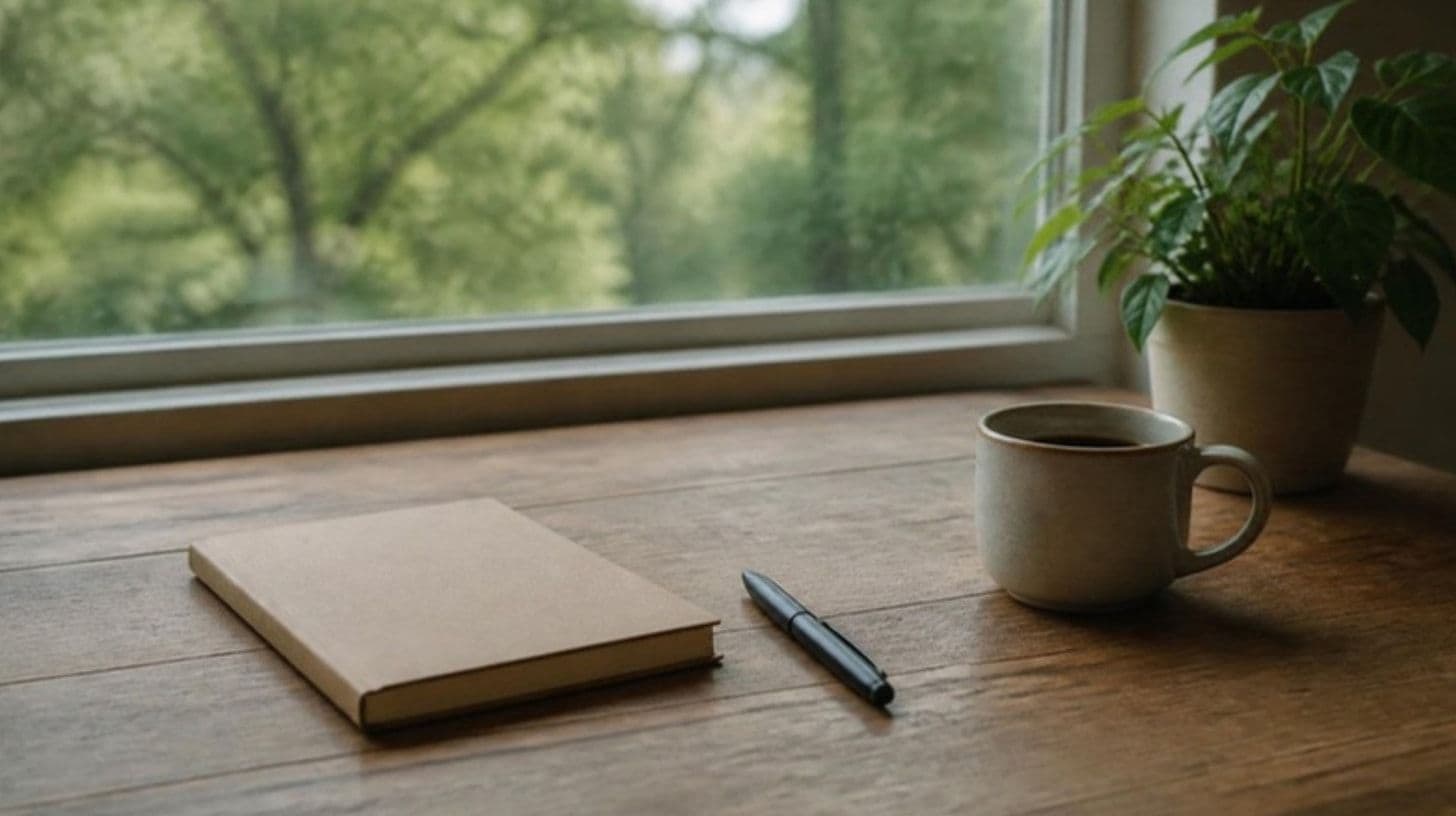 Un quaderno chiuso, una penna e una tazza di caffè sulla scrivania