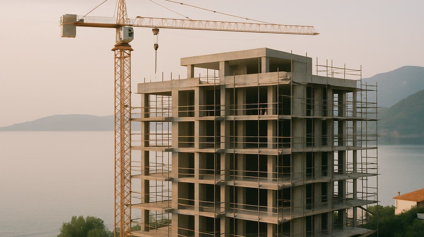 Un nuovo edificio residenziale in costruzione sulla costa montenegrina con ponteggi e gru, il mare sullo sfondo