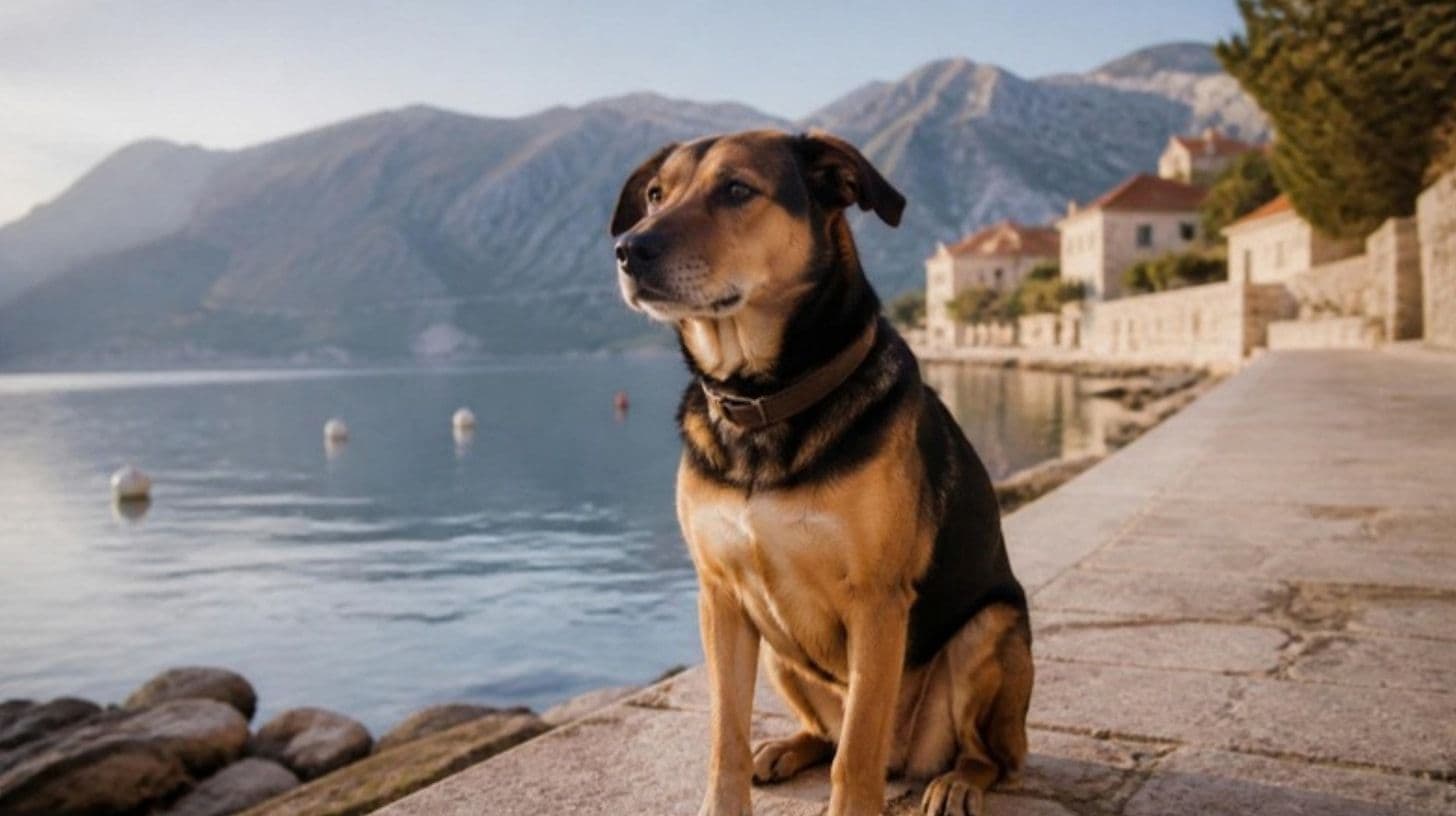 Un cane seduto su un lungomare di pietra