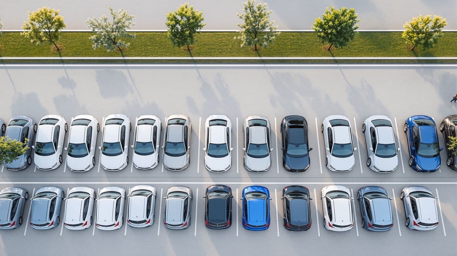 Auto nuove parcheggiate in file nel piazzale di un concessionario, viste dall'alto