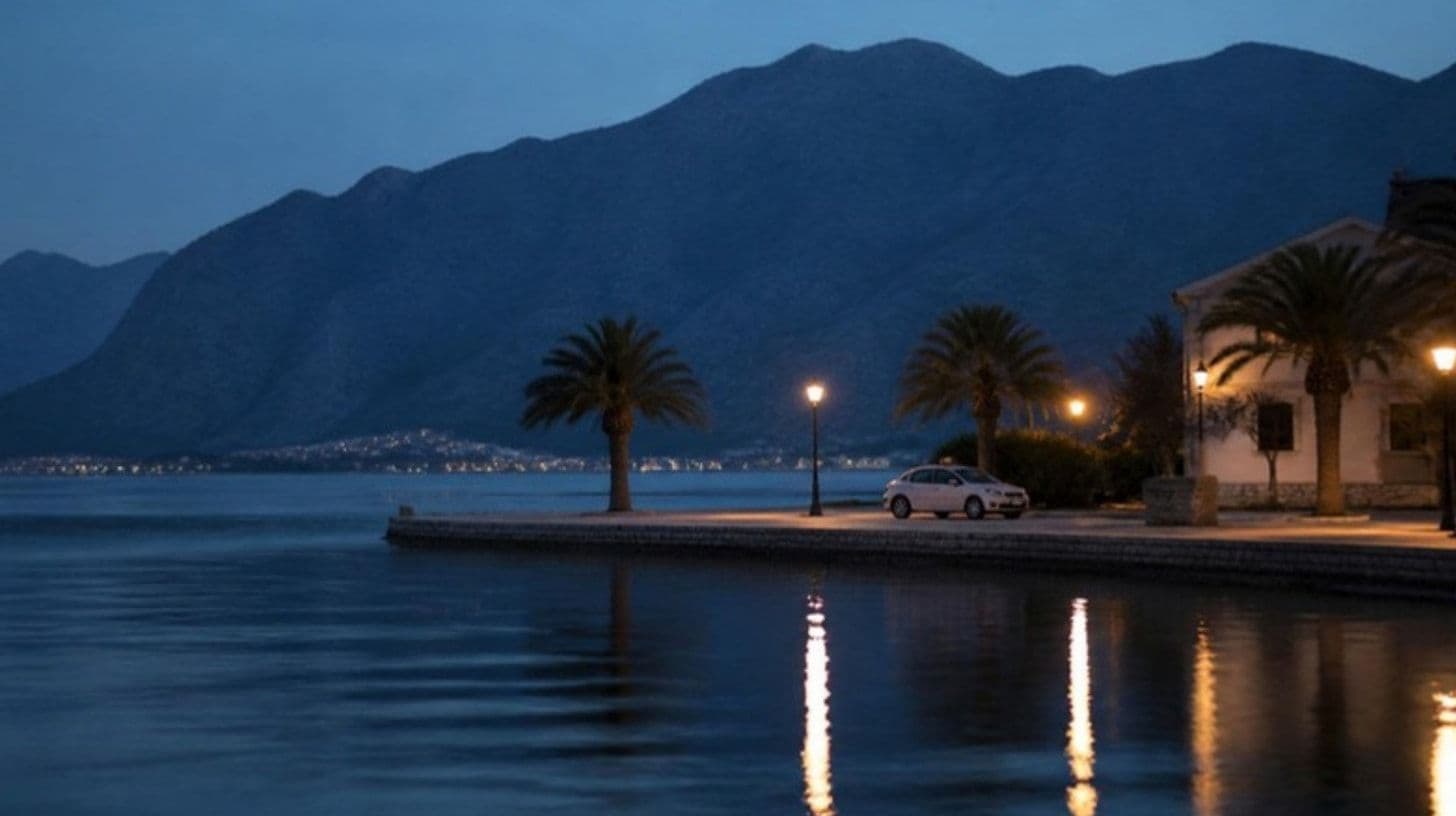 Un taxi in una strada vuota di una cittadina di mare la sera