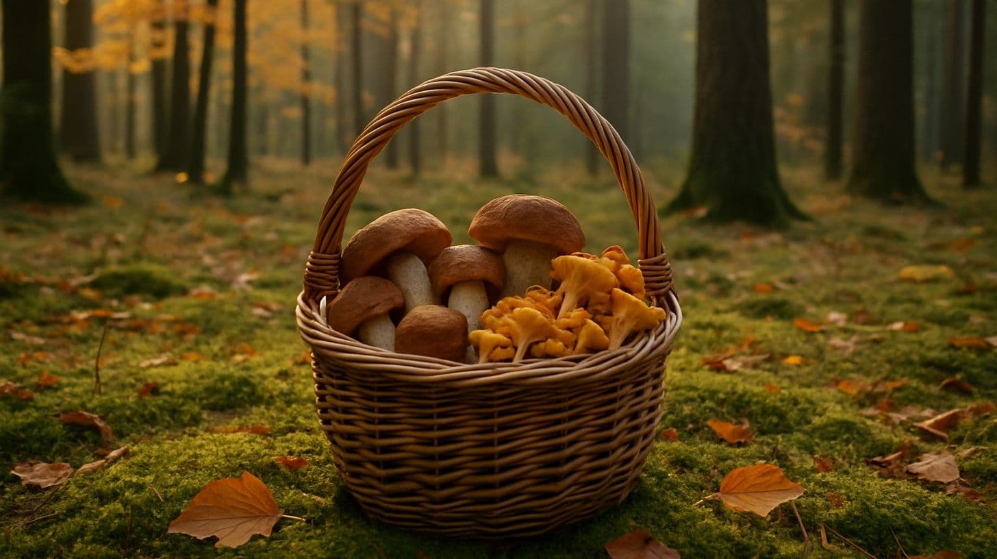 Steinpilze und Pfifferlinge in einem Weidenkorb auf Moos im Herbstwald