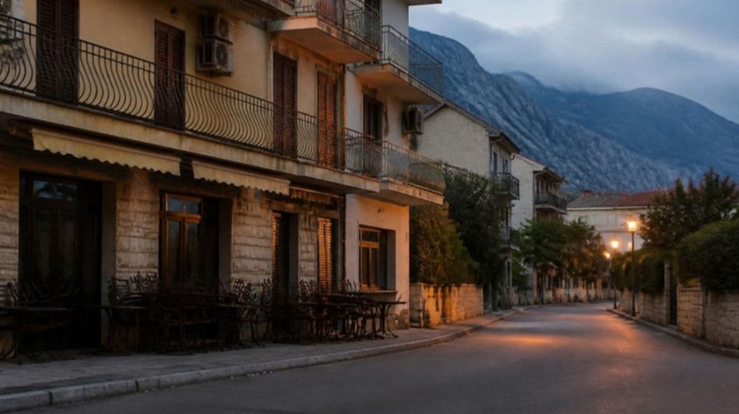An apartment building and a café on a quiet street at dusk