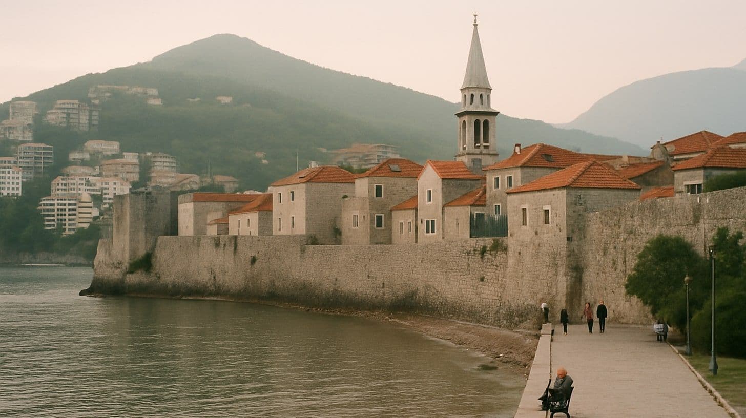 Le mura della città vecchia di Budva sul mare, con i palazzi residenziali sulle colline alle spalle