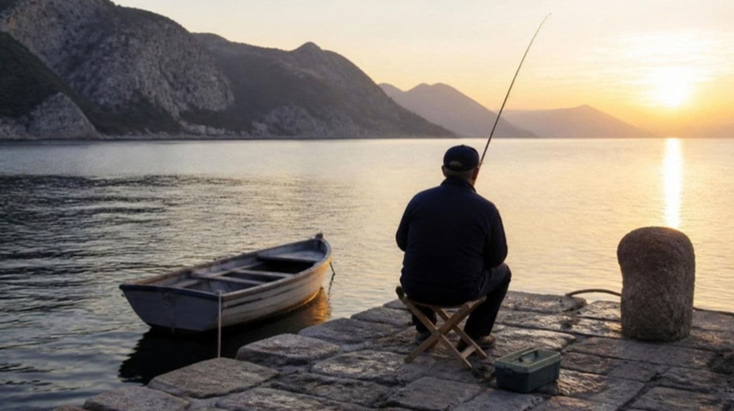 Ein Angler mit Rute auf einer steinernen Mole im Morgengrauen