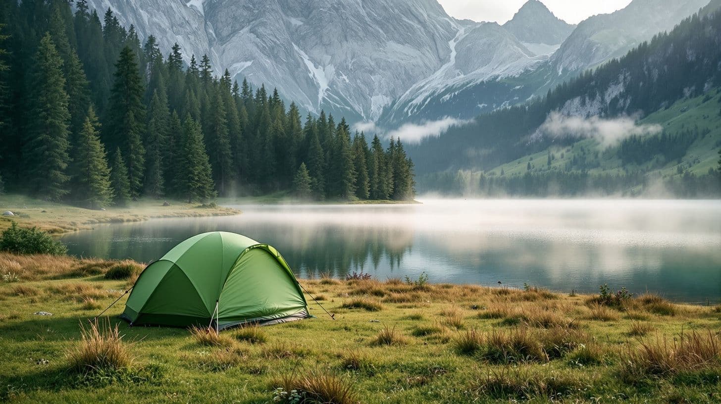 A tent at a mountain lake below the peaks of Durmitor