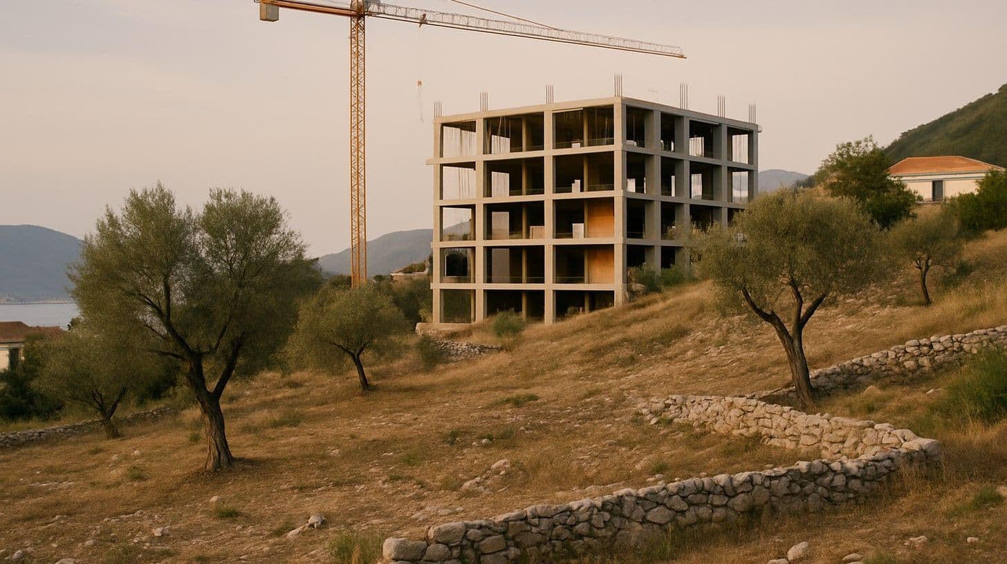 Prazan građevinski plac na padini sa maslinama, u pozadini nova stambena zgrada u izgradnji sa kranom