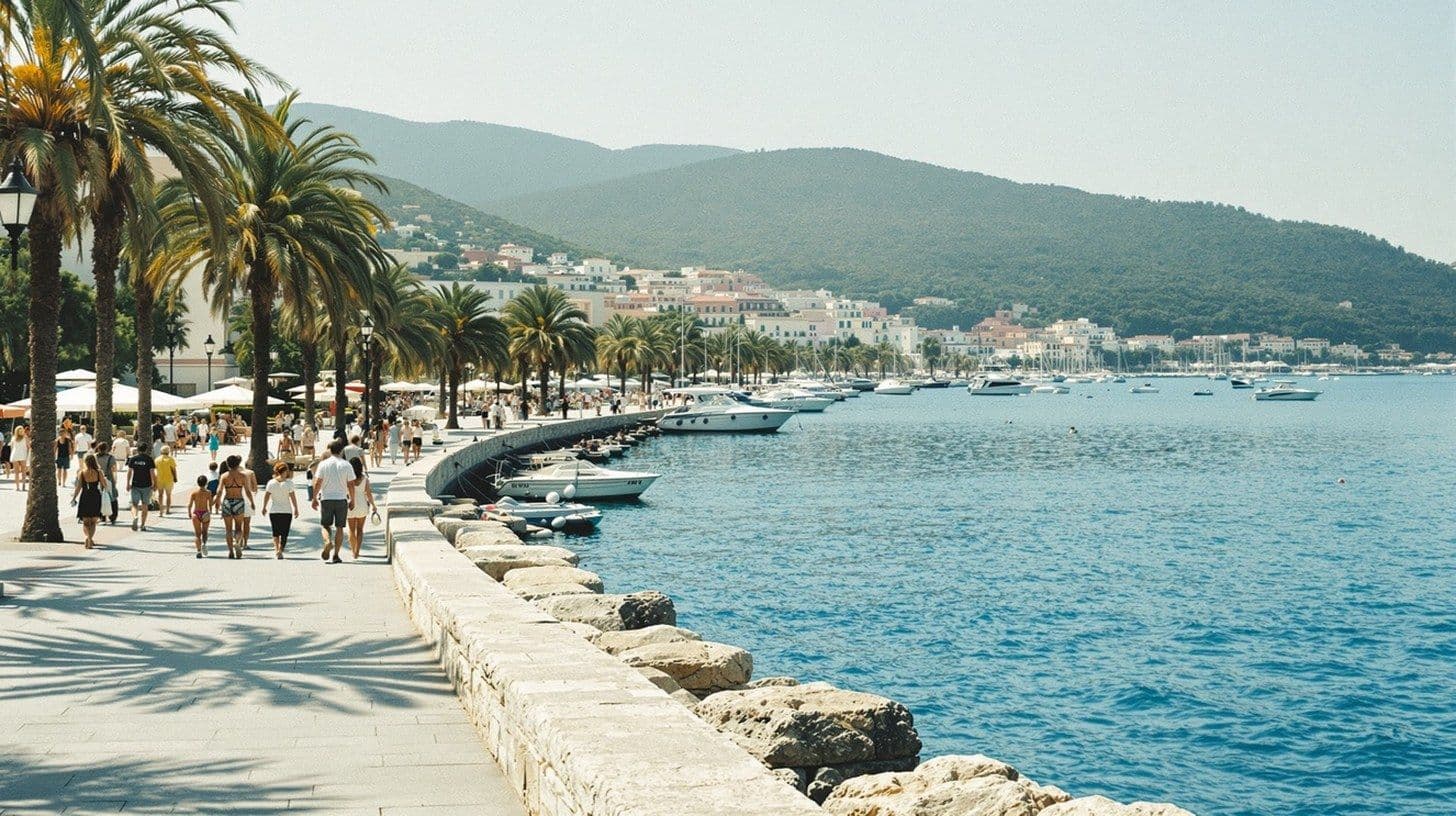 Besucher auf einer Uferpromenade in einem Küstenort in Montenegro