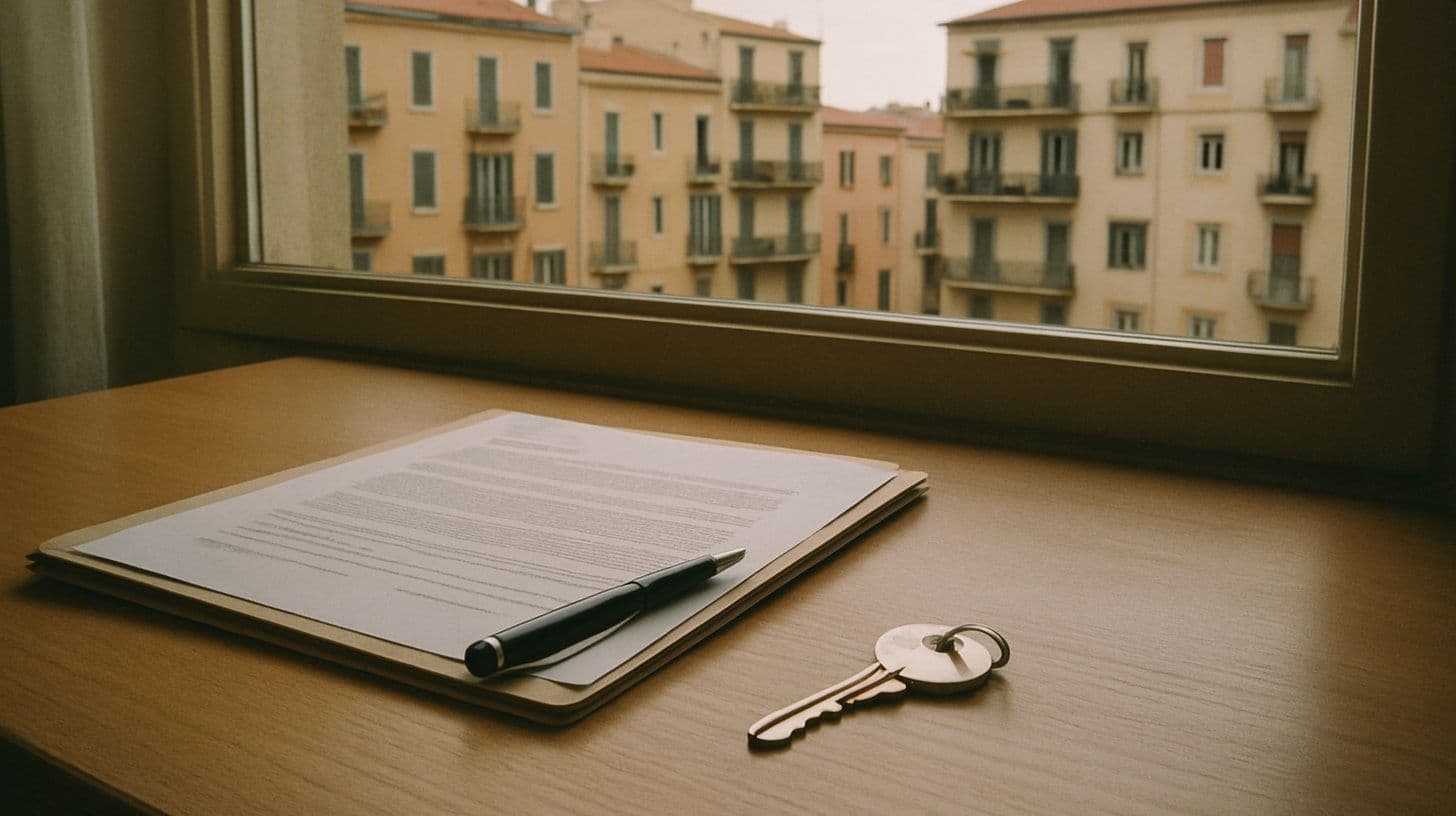Una chiave di casa, documenti del mutuo e una penna su un tavolo di legno, palazzi visibili dalla finestra