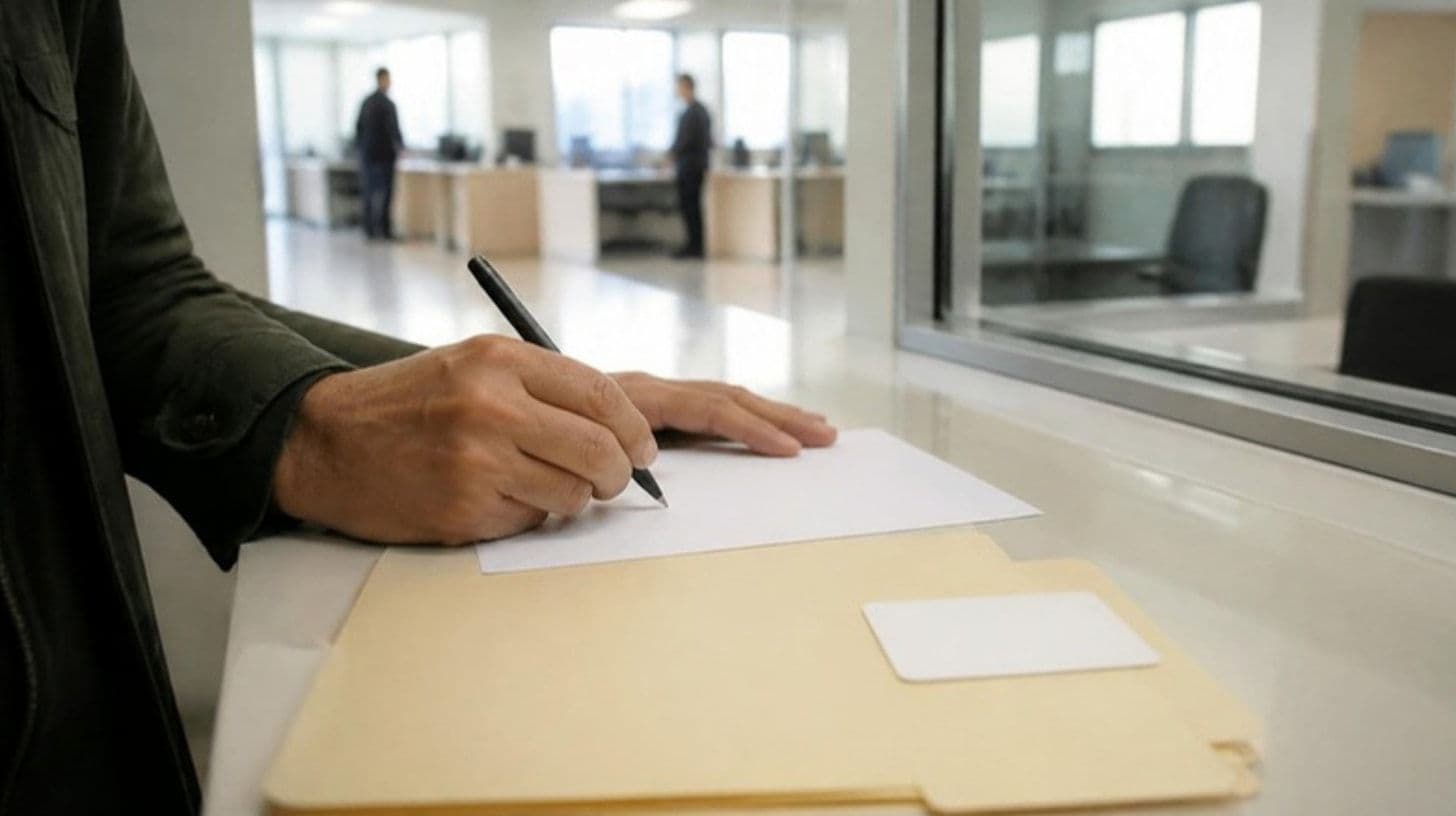 Osoba popunjava obrazac za stolom u službenoj kancelariji