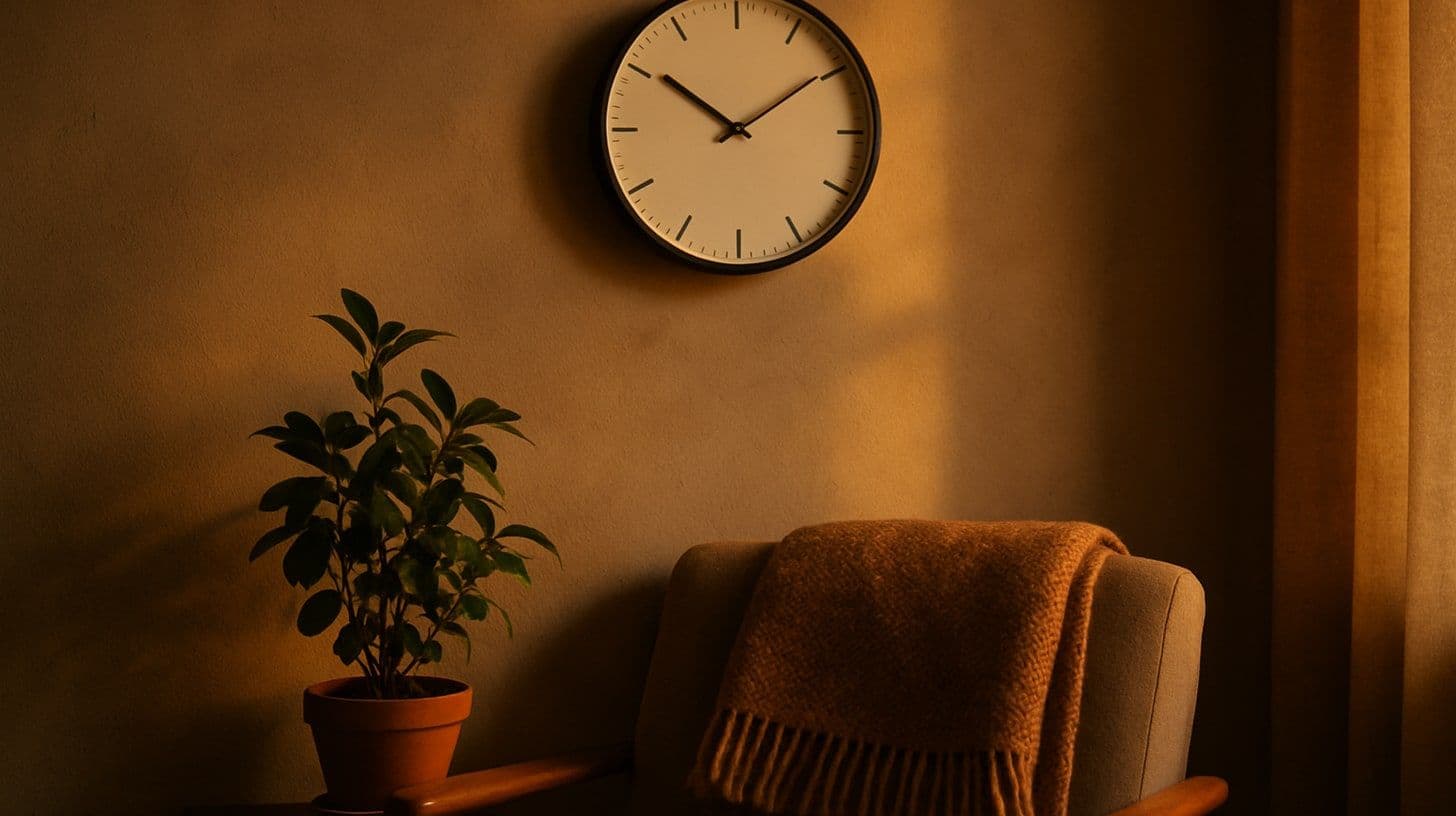 Un orologio da parete rotondo senza numeri sopra una poltrona con una coperta di lana, al crepuscolo d'autunno