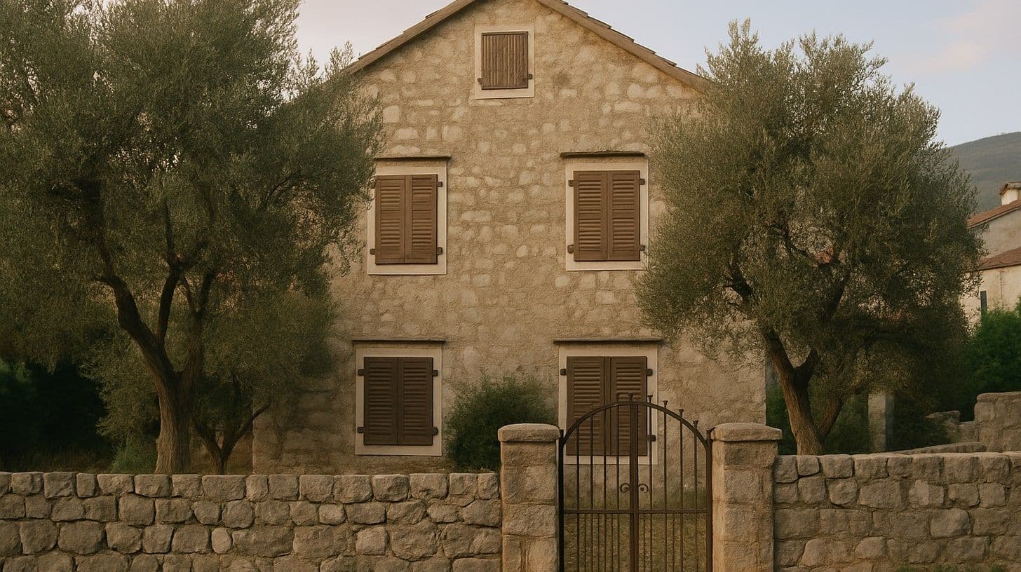 Una vecchia casa in pietra con le persiane in legno chiuse in un villaggio sulla costa, ulivi davanti
