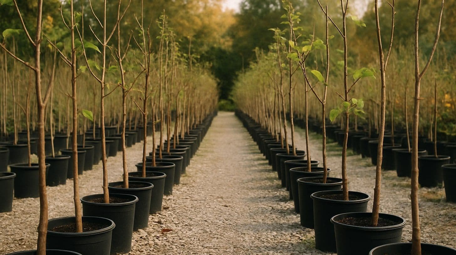 Rows of young fruit tree saplings in pots at a plant nursery