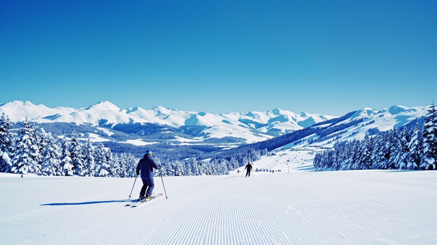 Sciatori su una pista innevata sopra una pineta nelle montagne del Montenegro