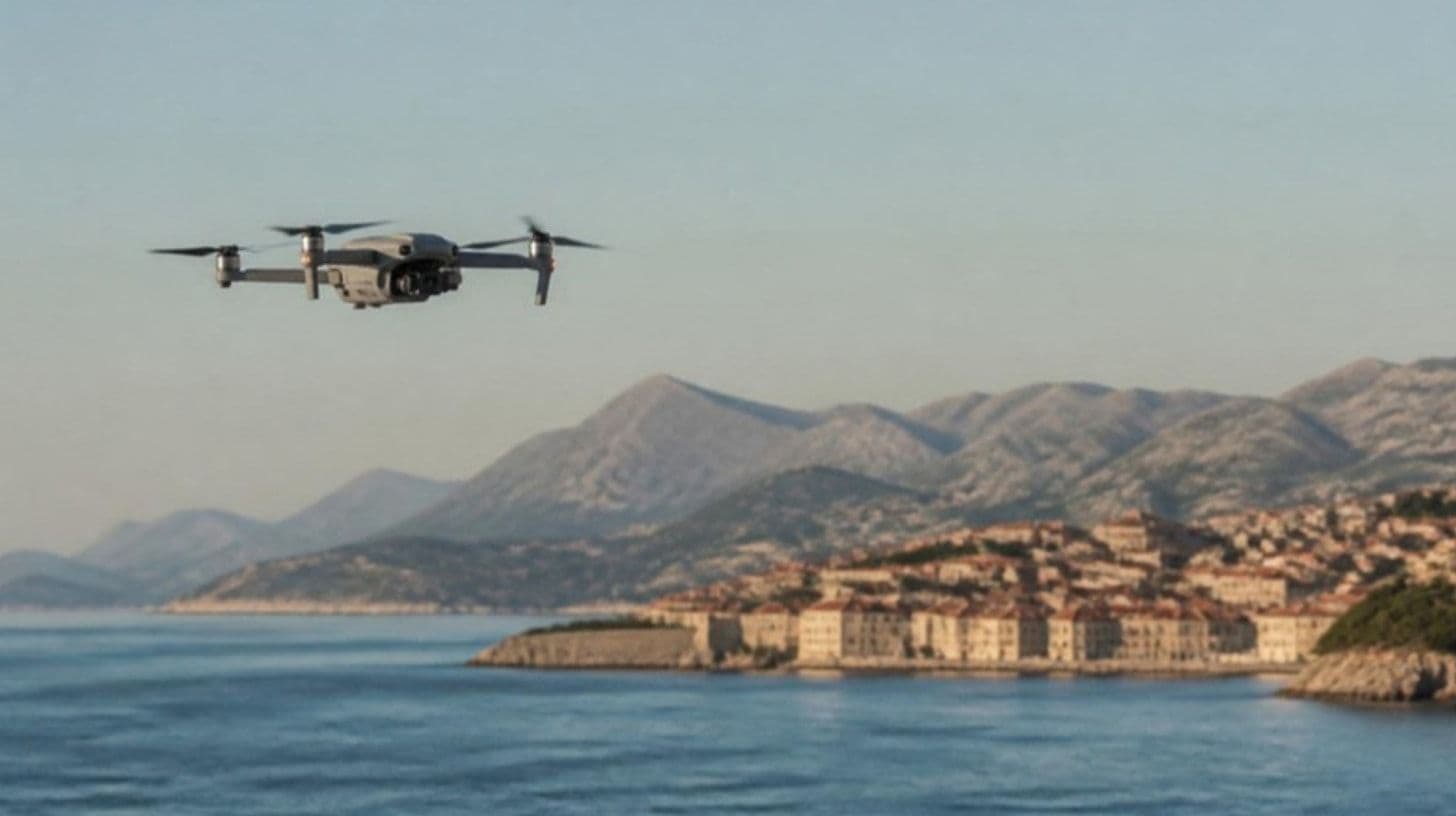 Un piccolo drone in volo sopra una costa con un'antica città di pietra sullo sfondo