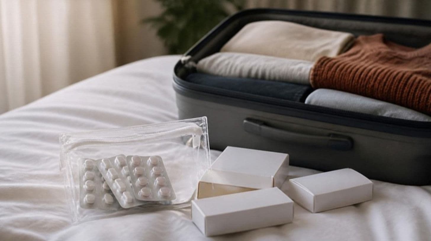 Medikamentenschachteln und Blisterpackungen neben einem offenen Koffer