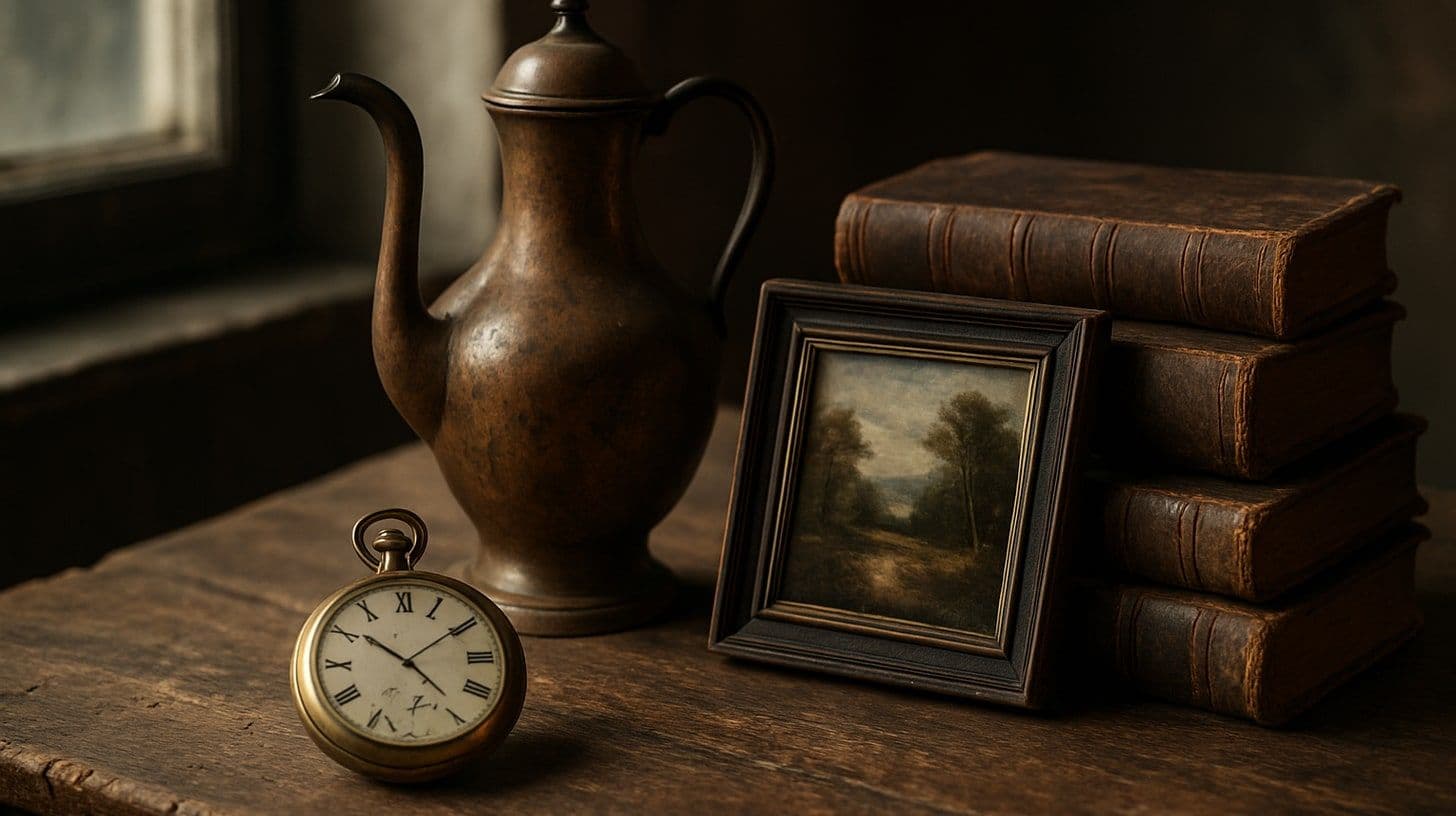 Old objects on a wooden table: pocket watch, copper jug, framed painting and old books