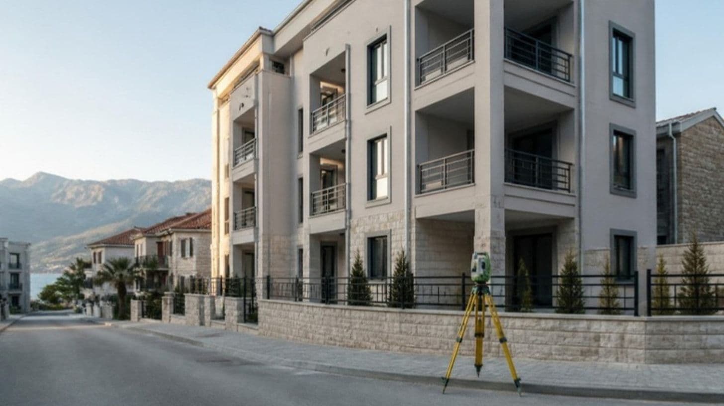 Un nuovo condominio con balconi e un treppiede da topografo sul marciapiede davanti
