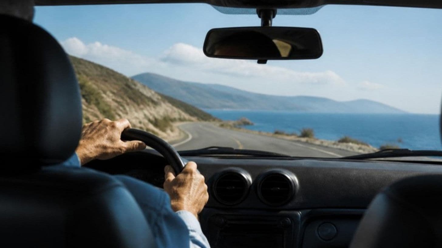 A driver at the wheel of a car on a coastal road