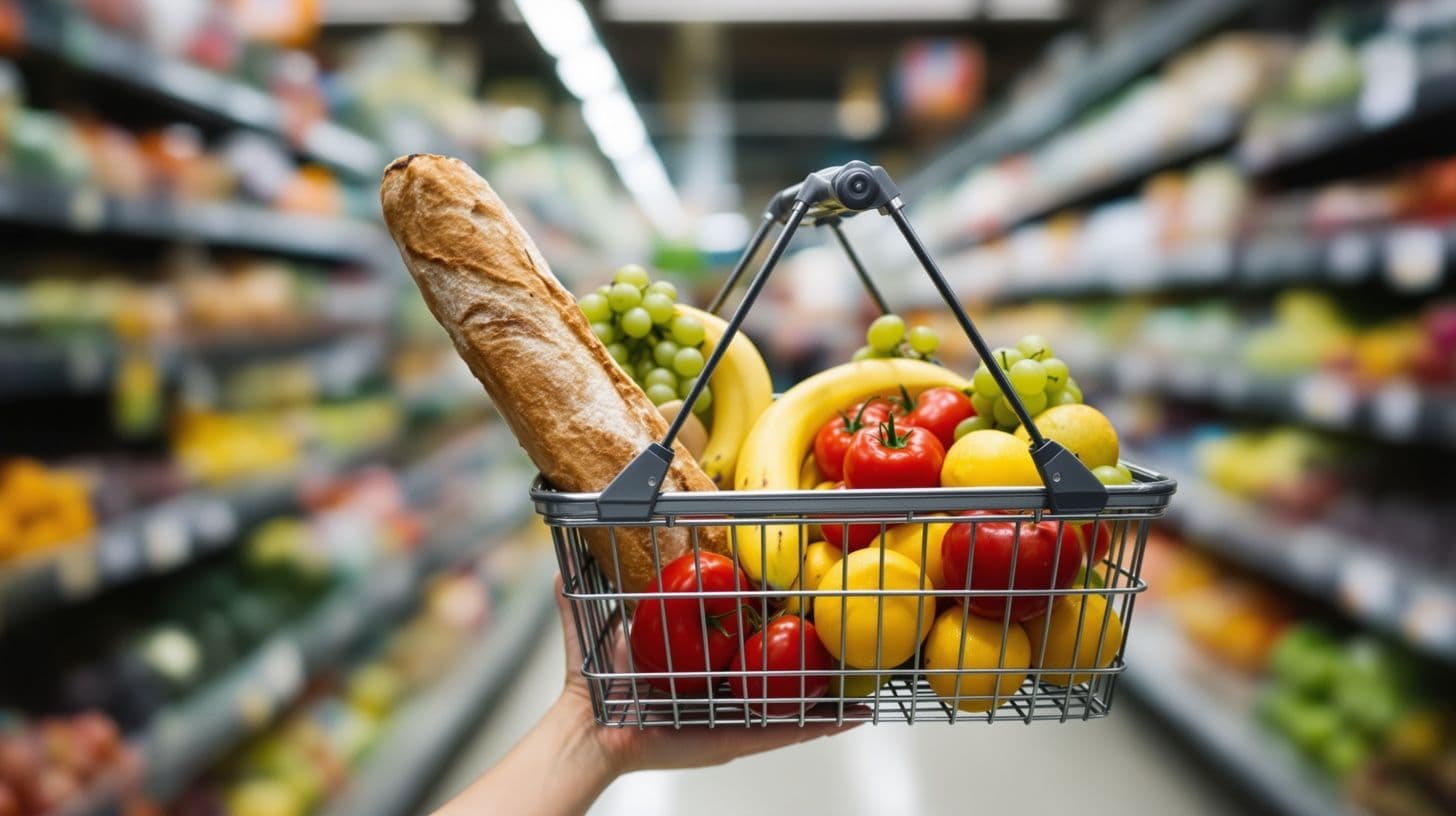 Ein Einkaufskorb mit Brot, Milch, Obst und Gemüse in einem Supermarktgang