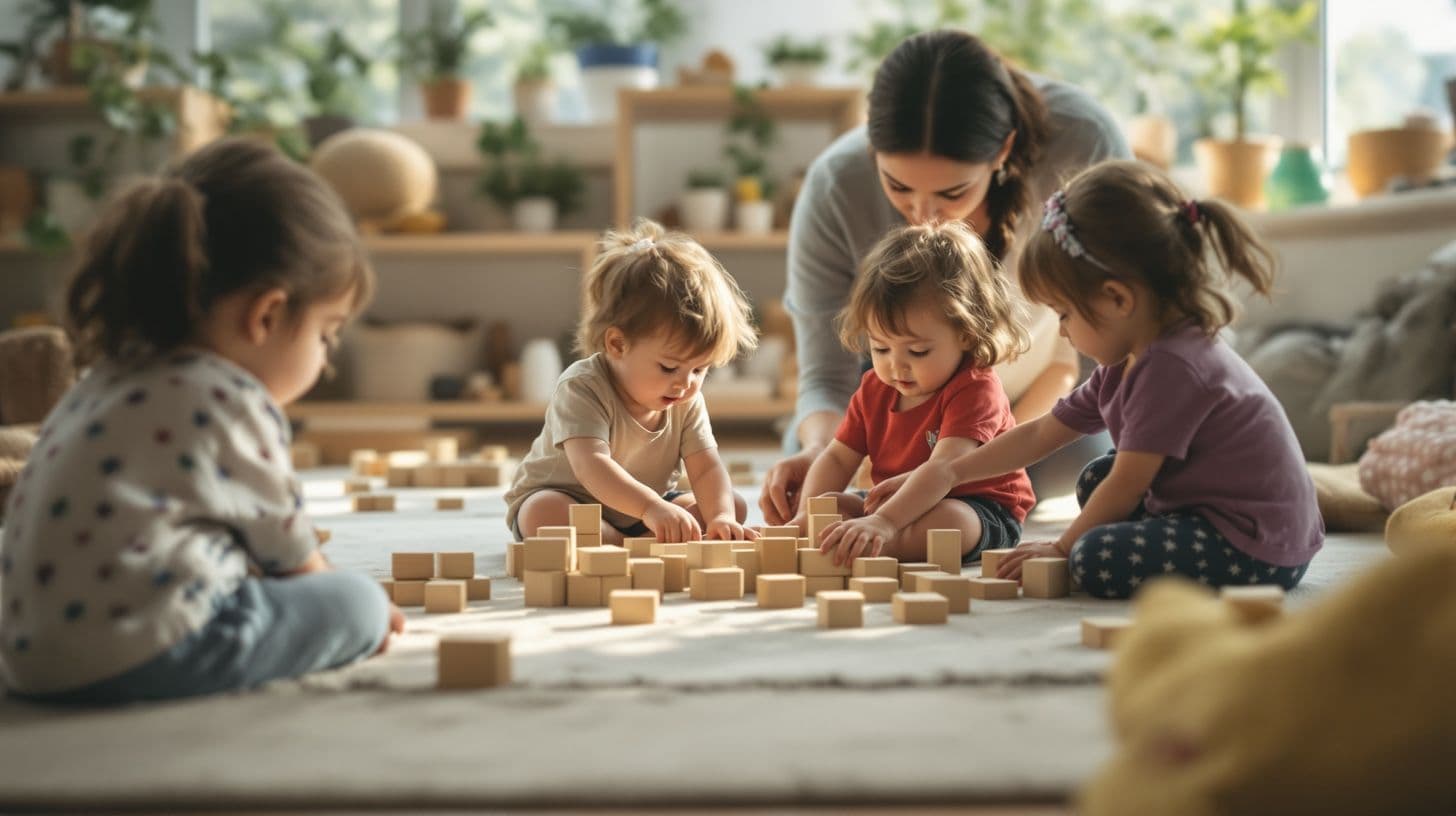 Bambini piccoli giocano con giocattoli di legno in un'aula luminosa dell'asilo