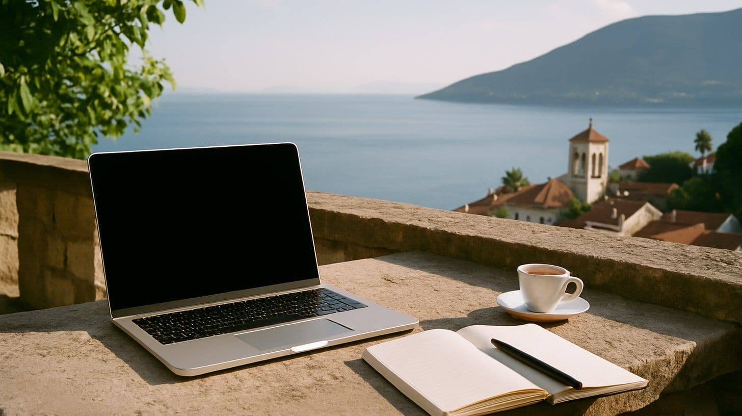 A laptop and notebook on a stone terrace in Herceg Novi overlooking the sea