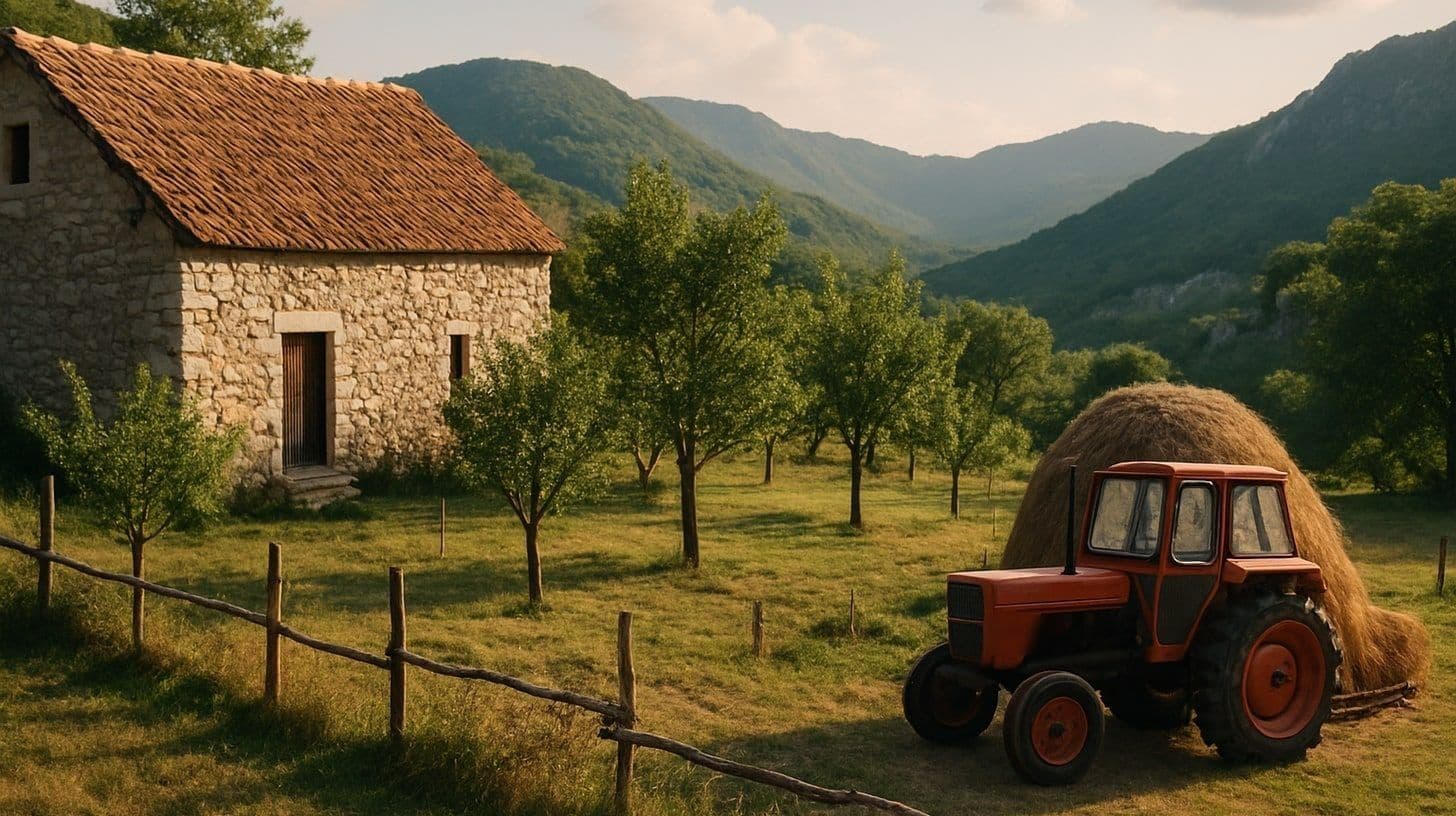 Seosko dvorište sa kamenom kućom, voćnjakom i traktorom u podnožju brda