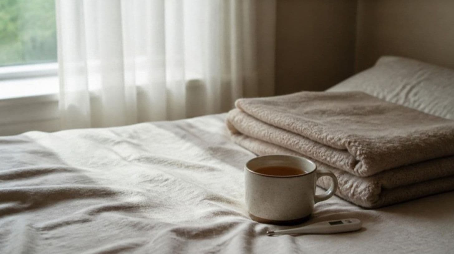 A cup of tea, a thermometer and a blanket on a bed