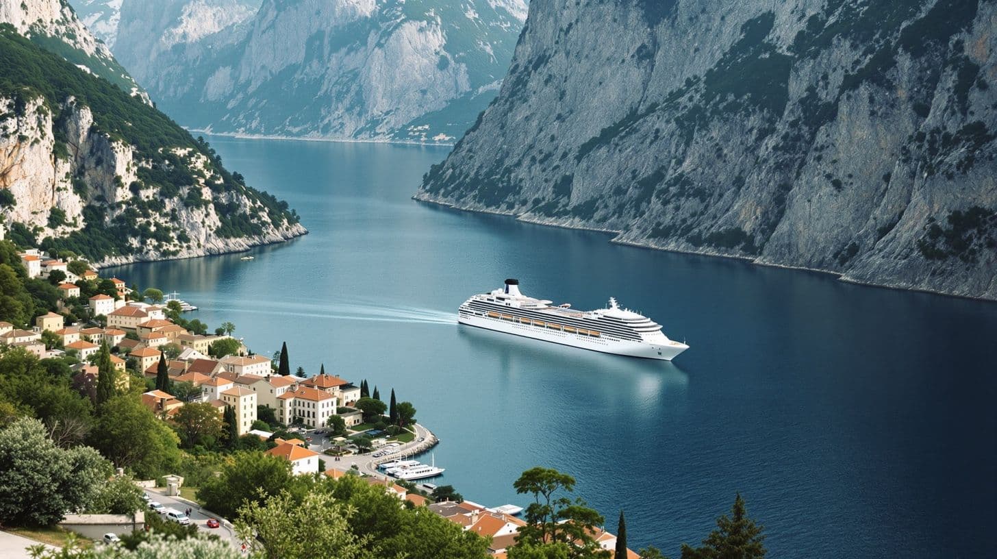 Una grande nave da crociera ancorata nelle Bocche di Cattaro sotto montagne ripide