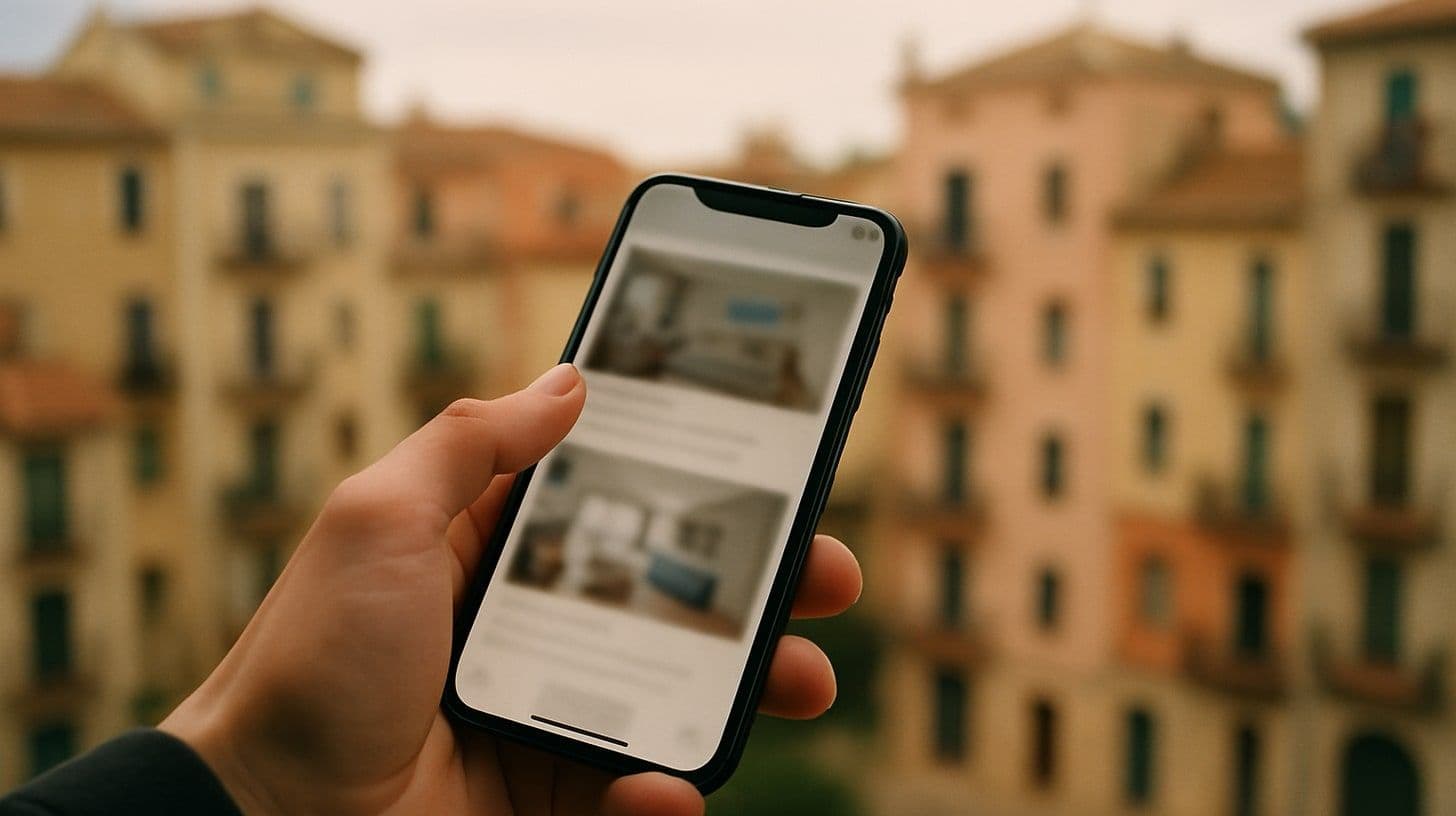 Una persona guarda annunci di appartamenti sul telefono, sullo sfondo palazzi residenziali