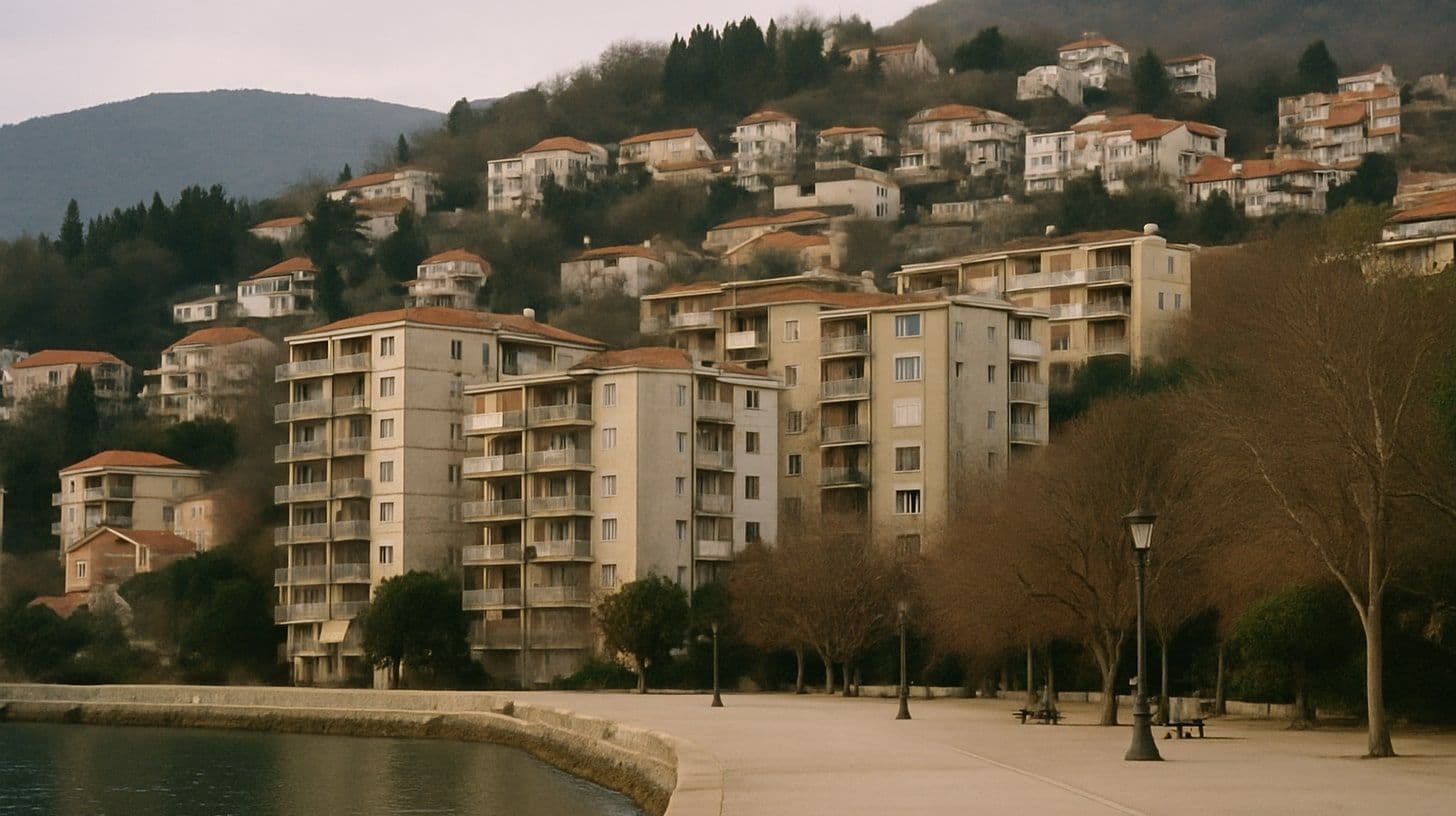 Palazzi residenziali sulla collina sopra la costa montenegrina nella luce d'inverno, con un lungomare tranquillo sotto