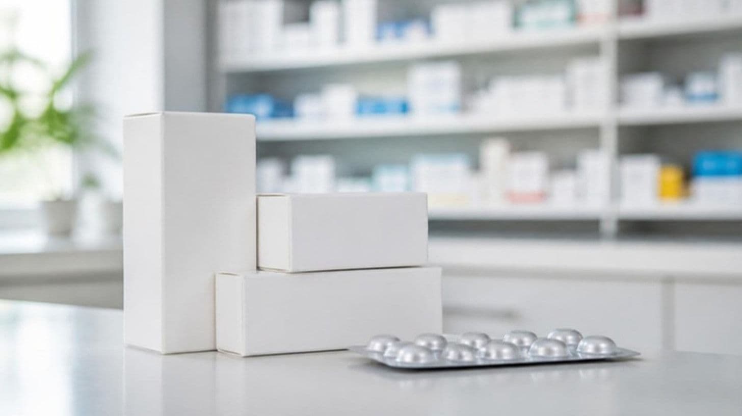 Unlabeled medicine boxes and a blister pack on a pharmacy counter