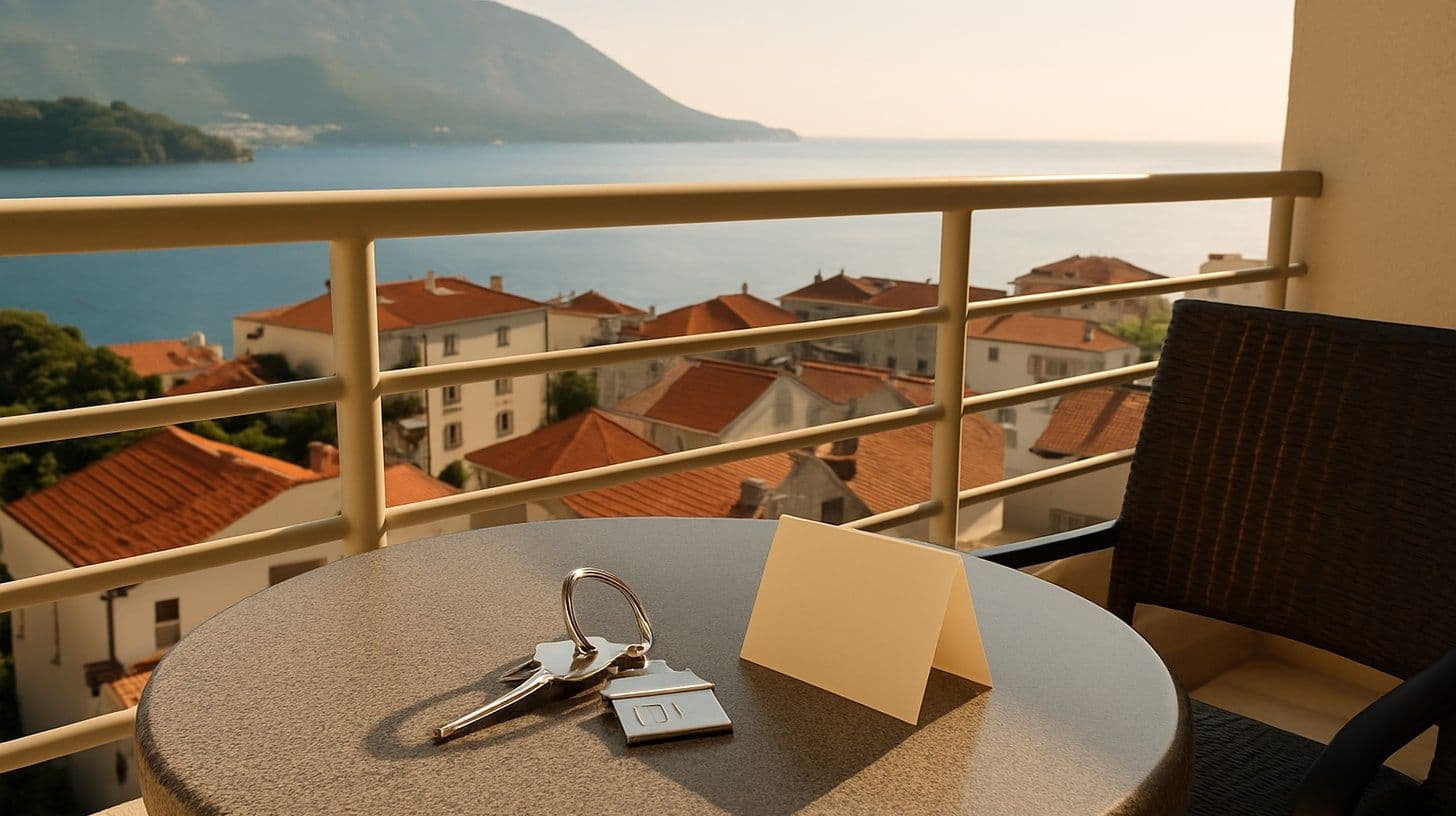 Budva'da bir kiralık dairenin balkonu, masada anahtarlar, arkada çatılar ve deniz