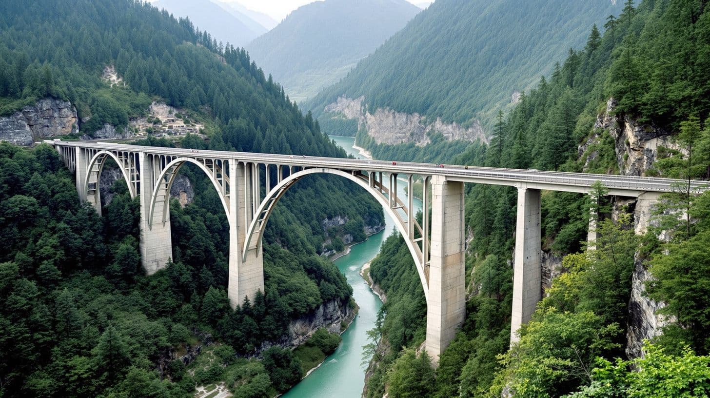 Eine hohe weiße Betonbogenbrücke über einer tiefen grünen Flussschlucht