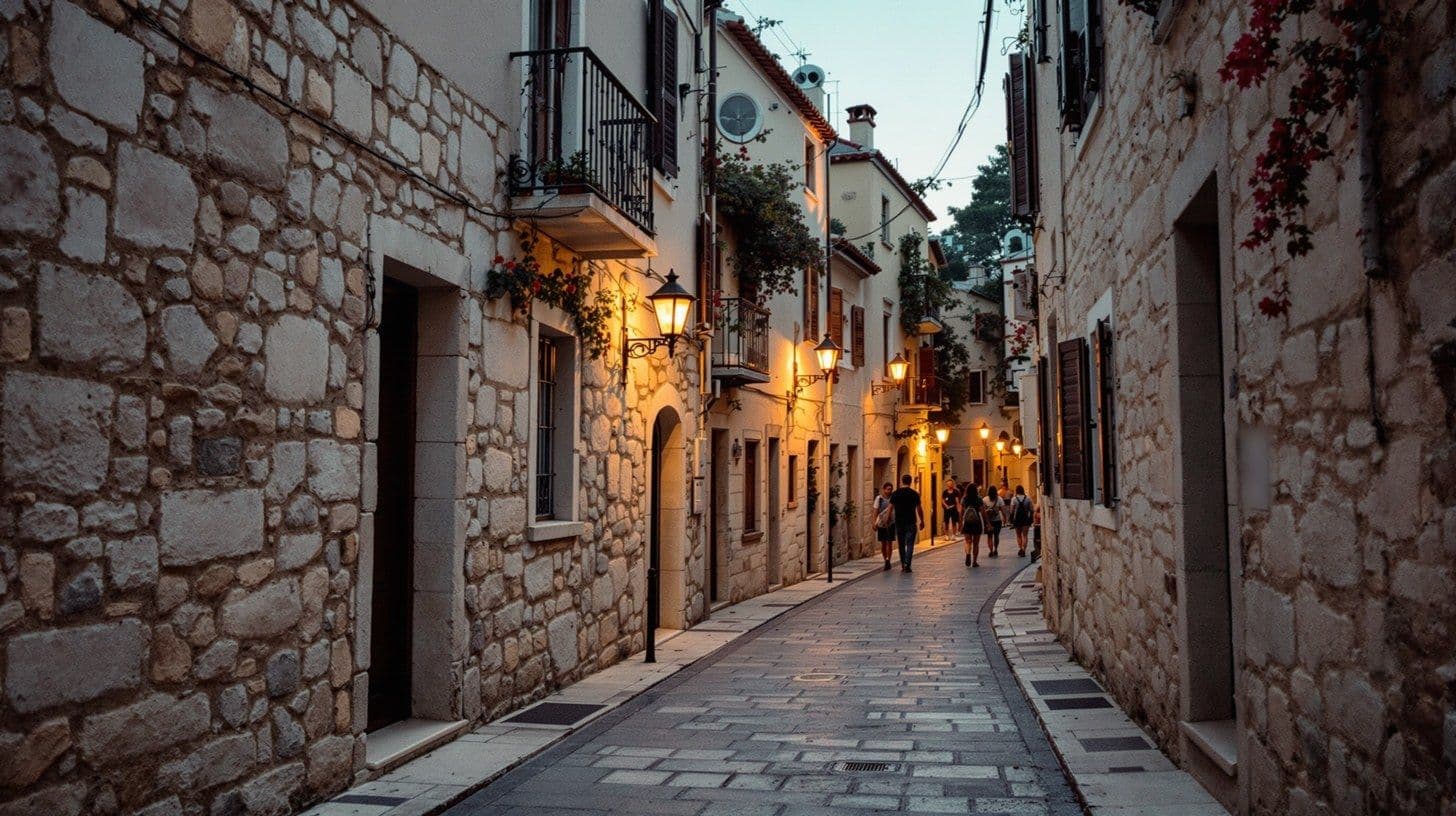 A quiet evening street in an old Montenegrin town with people walking