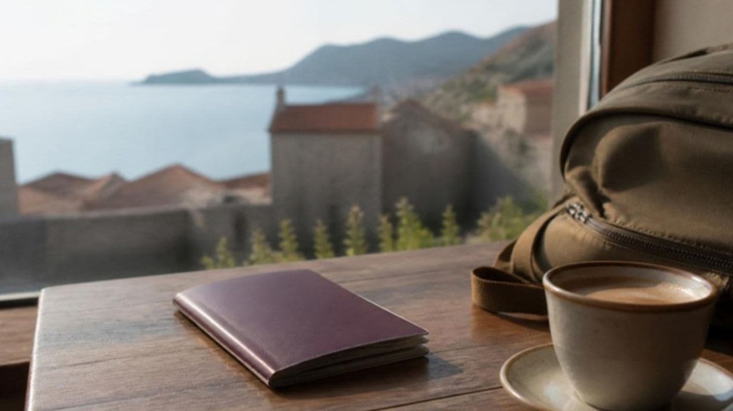 A passport and a travel bag on a wooden table by a window