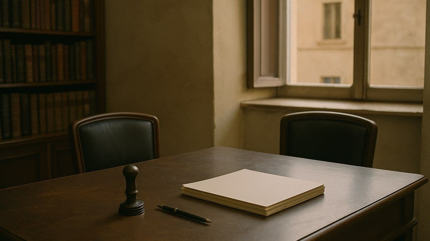 Studio notarile con scrivania in legno, penna stilografica, timbro e fogli bianchi, luce del giorno