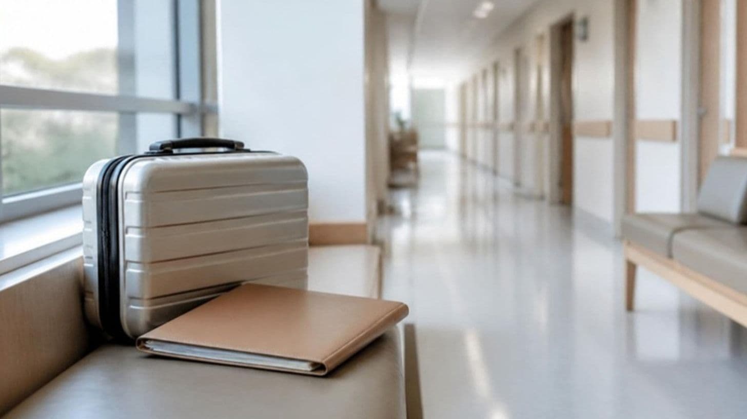 A suitcase and a folder of medical records in a hospital corridor