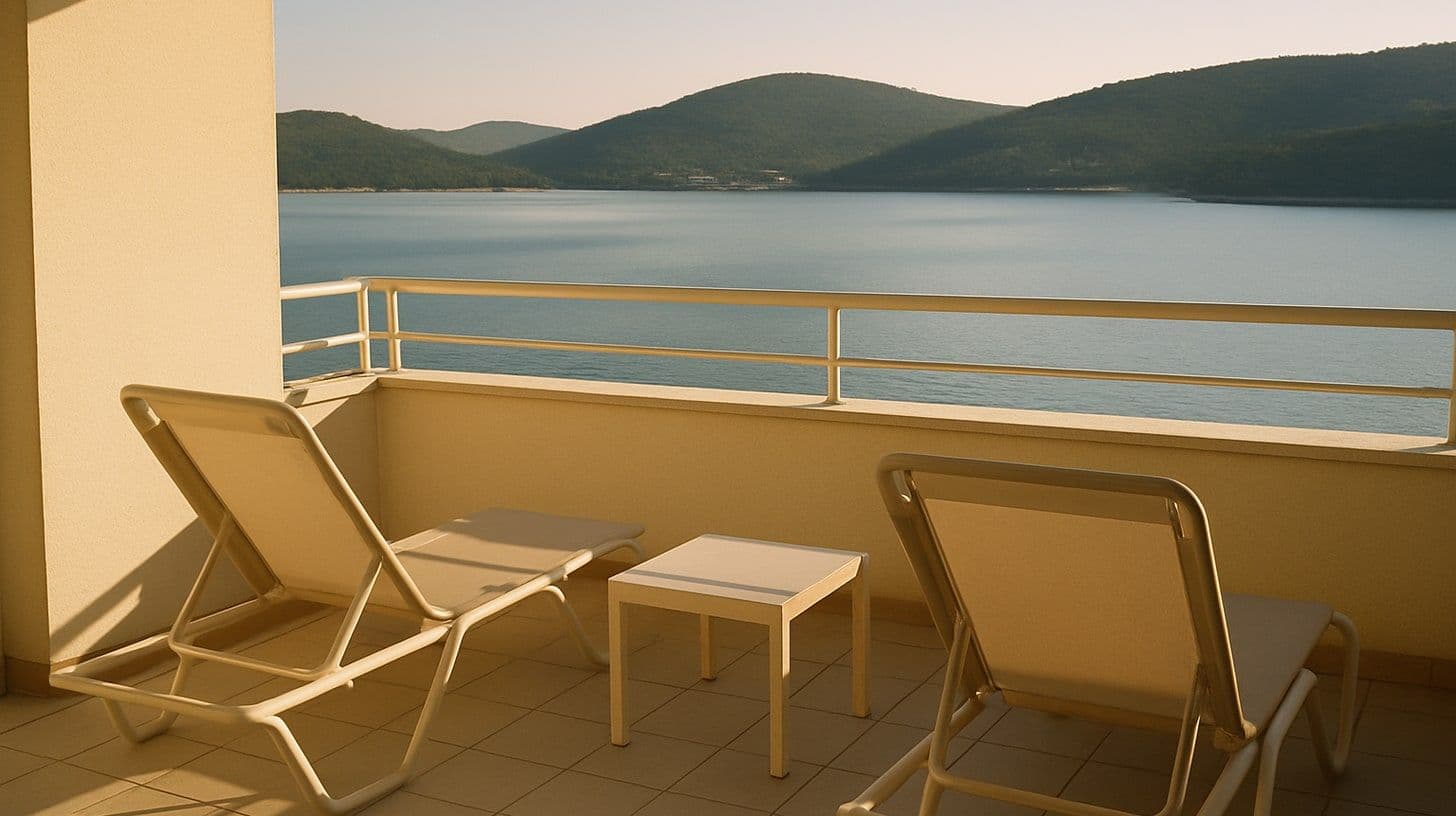 Balkon apartmana sa dvije ležaljke i pogledom na more