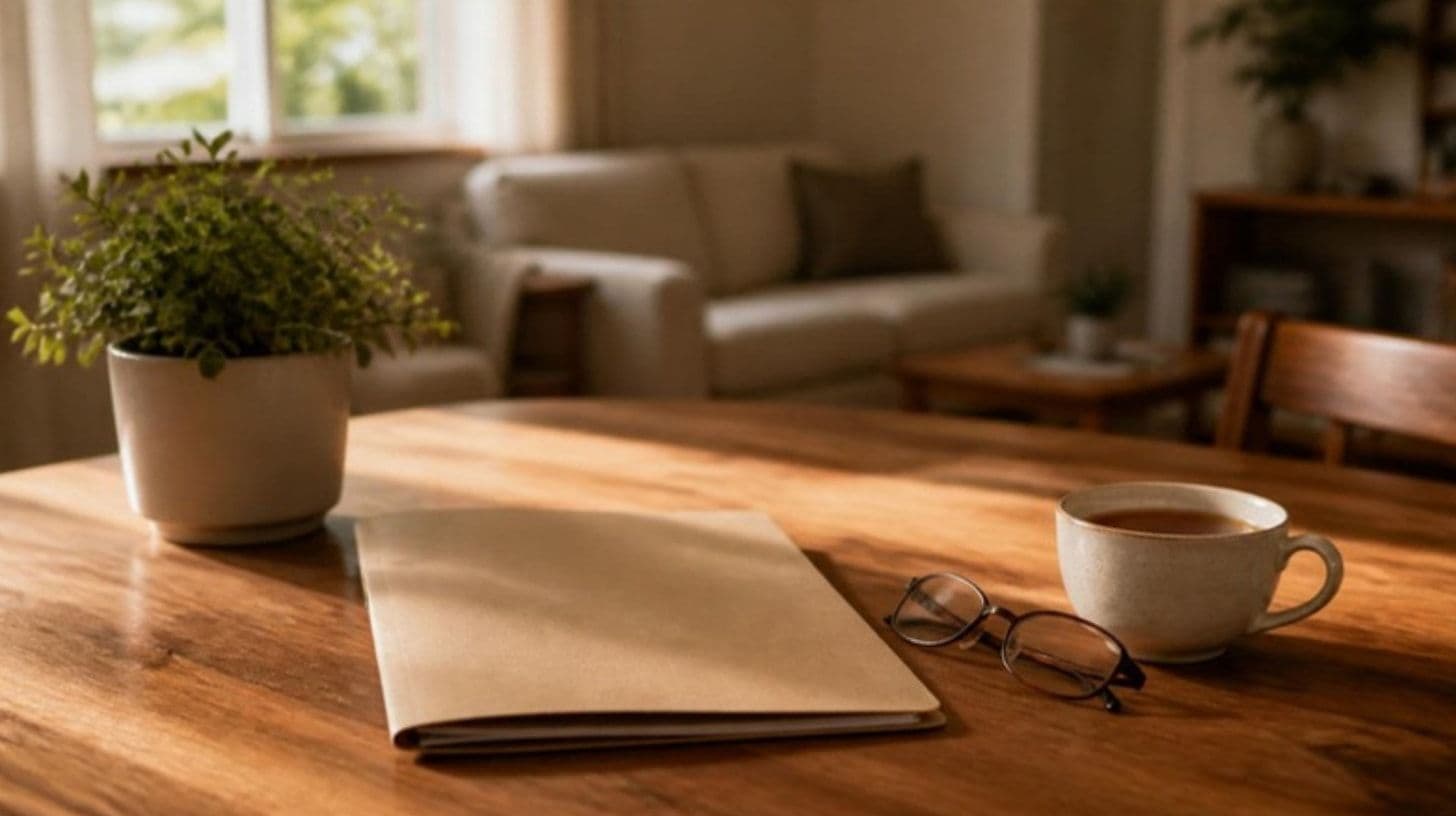 A plain folder, reading glasses and a cup of tea on a kitchen table next to a potted plant