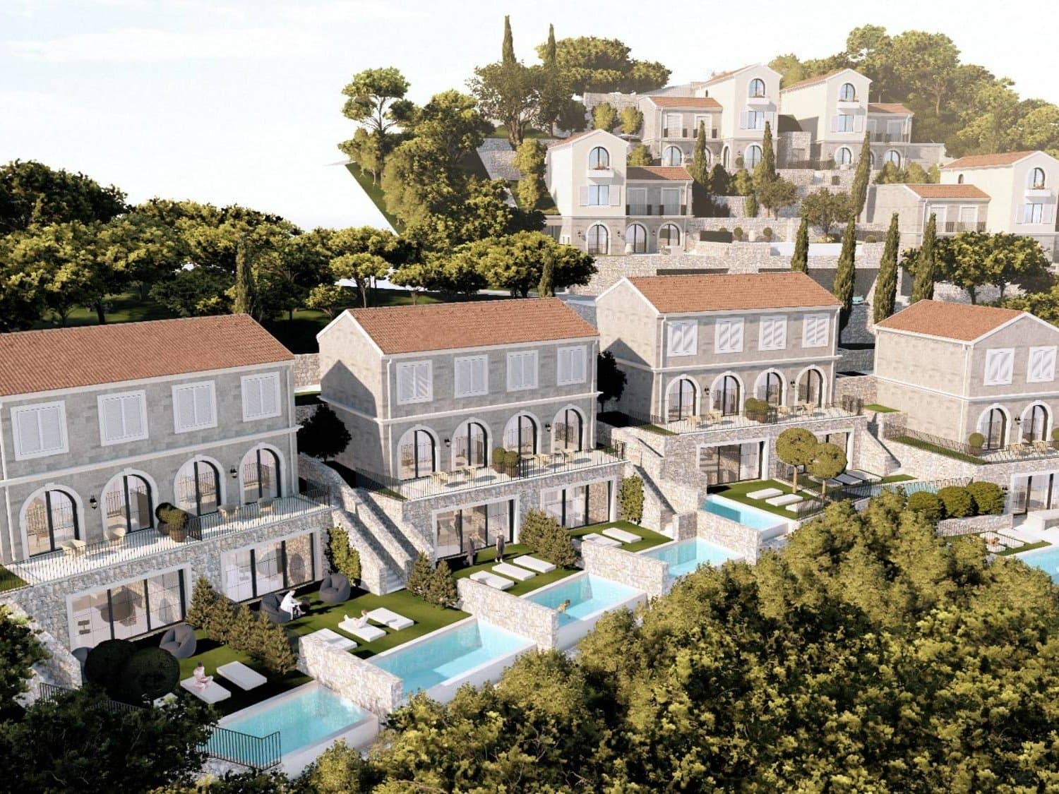 Herceg Novi – Kamenari: öbölre néző villaprojekt – ikervillák és különálló villák saját medencével