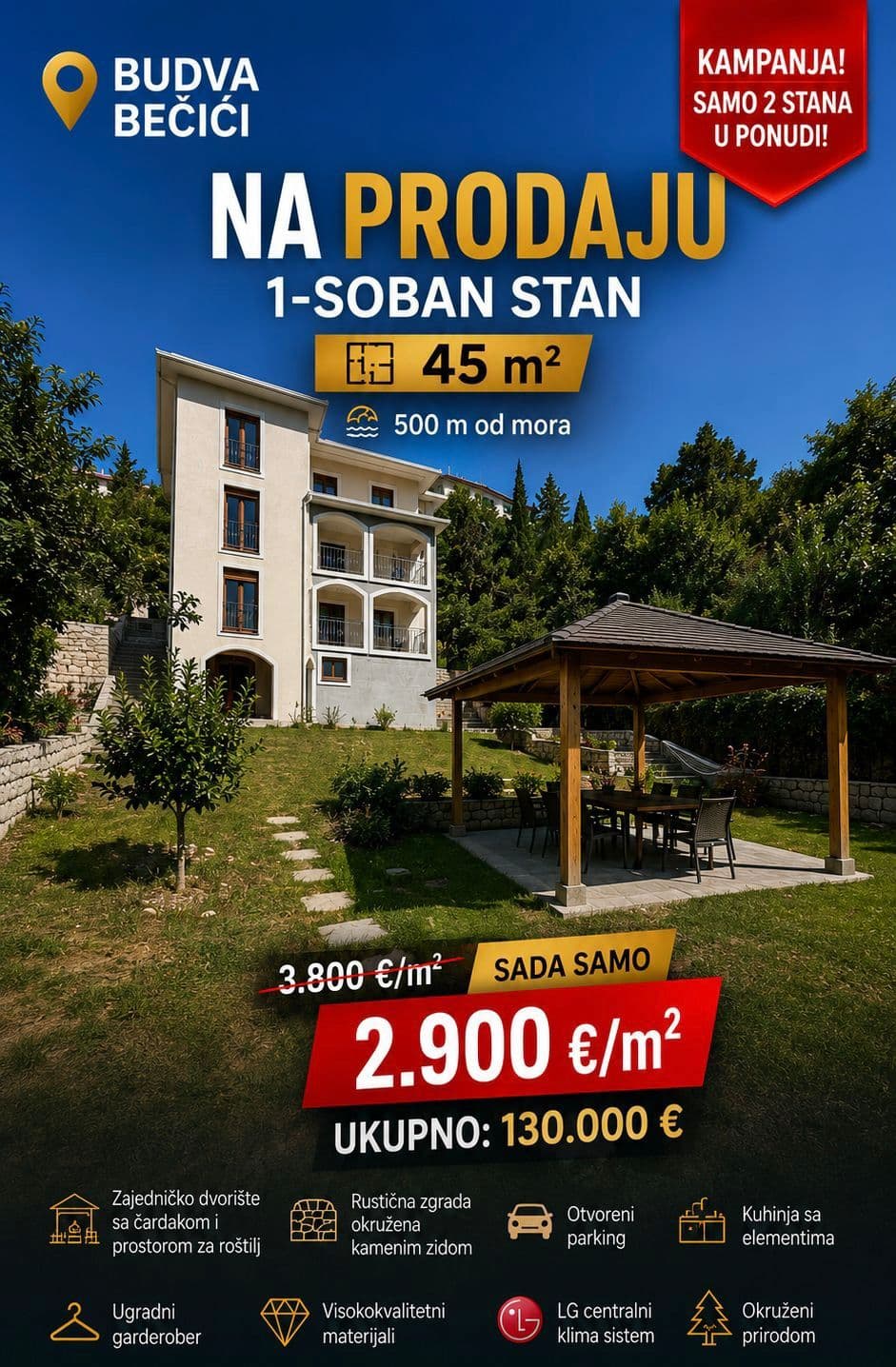Becici, Boreti'de Dağ Manzaralı, 600m Plaja Uzaklıkta Özel 3+1 Daire
